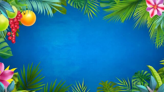 Border tropical with lush leaves and exotic flowers, fruits, and berries featuring palm trees, summer, vacation with travel and paradise elements for