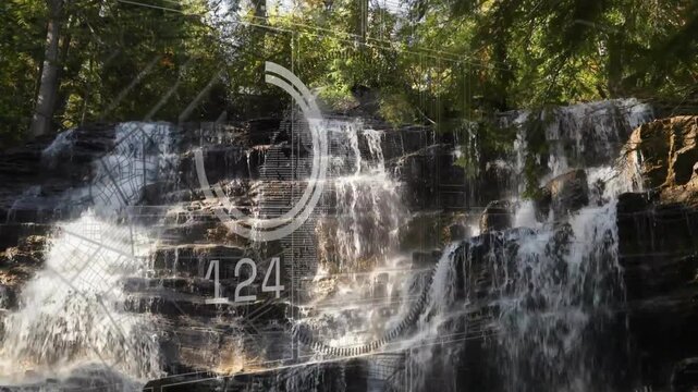 Tiered falls flowing in forest, HUD overlay fading in, numbers rising then falling for hydrology