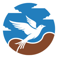 Obraz premium White dove flying over brown hill with blue sky and clouds icon