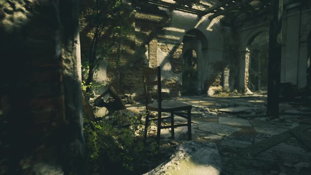 Architectural ruin study with arches and columns, ornamental stonework weathered, patterned tile floor fractured under moss, architect sketching restoration