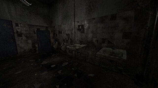 Nocturnal ruin captured in low light, chipped tiles and damp corners visible, heavy shadows swallowing details, scene evokes suspenseful and moody storytelling