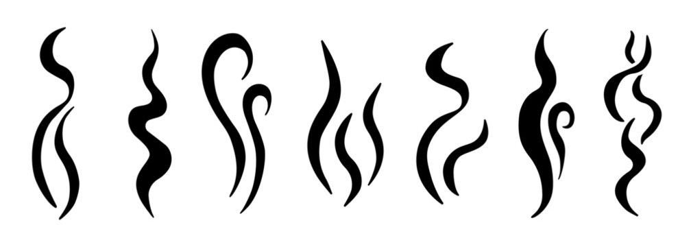 Doodle steam and smoke icon set with aroma waves vector illustration set. Linear symbols for hot coffee, cooking scent, and fragrance effects in hand-drawn outline graphic style.