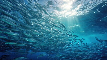 Obraz premium Dense school of pelagic fish in crystal clear blue ocean