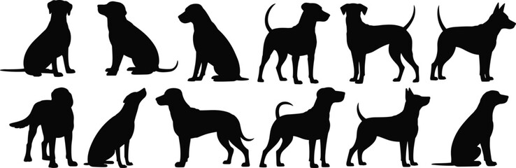 dog, silhouette, collection, pet, animal, canine, puppy, standing, sitting, profile, breed, domestic, mammal, black, vector, icon, isolated, set, illustration, design © LT studio