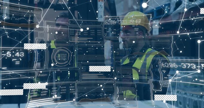 Two industrial workers consulting console upon HUD appearing and sliding numeric IDs, checking gear