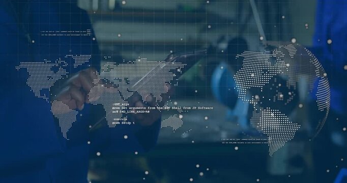 Technician tapping tablet in plant causing dotted map and rotating globe overlay updating status