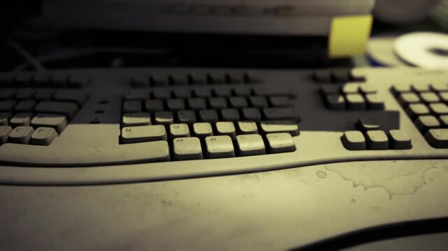 Numpad and worn keys under green glow on cluttered desk, focus on numeric keypad and textured surfaces, late shift atmosphere with tired precision.
