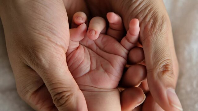 Close-up of newborn baby hand held in father palms in a tenderness and parental care concept.
