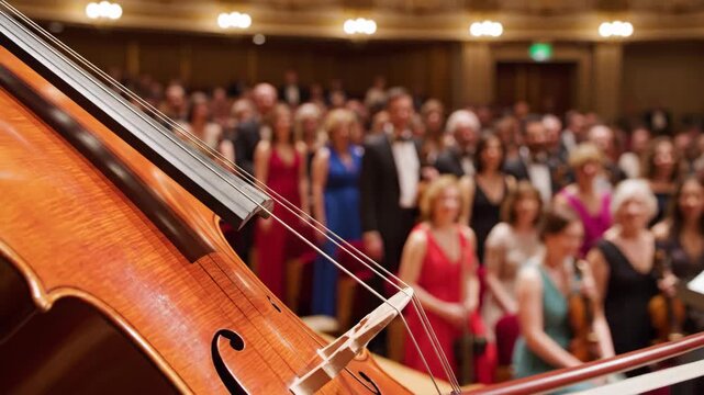Classical orchestra performing on stage. Musicians in formal wear playing violin and cello. Classical music concert in concert hall, artistic live performance.