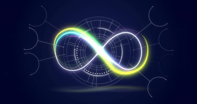 Glowing infinity loop getting neon trail appearing right side traveling shifting HUD revealing loop