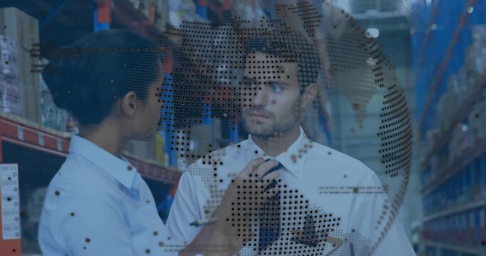 Woman pointing clipboard fixing man's tie while checking stock in depot dotted globe overlaying set