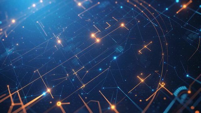 Digital network connects nodes with bright lines and patterns in a dark background at night