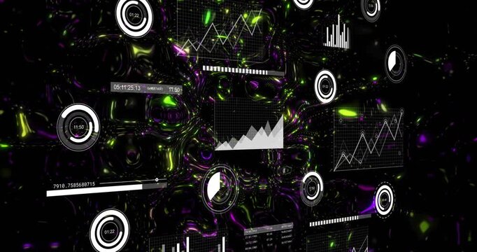 Data widgets floating in 3D tech space, nebula emerging and causing charts drawing, showing trends