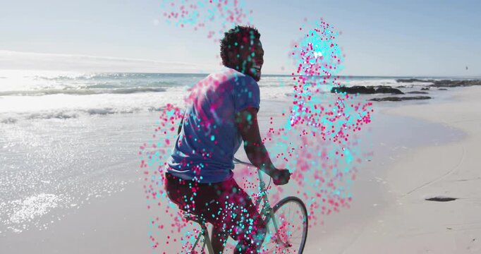 Man riding vintage bike cycling shore, magenta ring forming cyan magenta dots around rider for ads