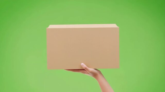Box cardboard held by hand against green background featuring holding, packaging, delivery with shipping and e-commerce elements for online shopping,