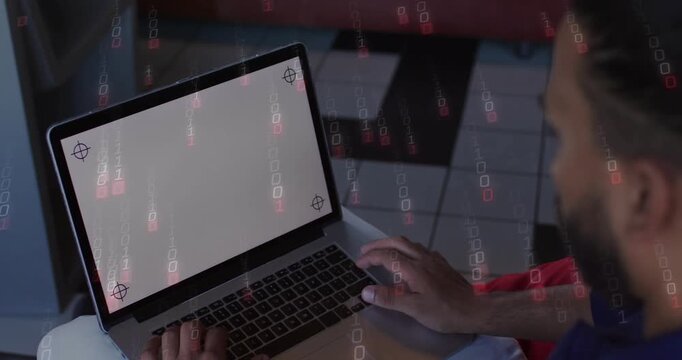 Man using laptop trackpad and keyboard in home tech causing red lock overlay showing security risk