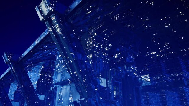 Neon scaffold glowing against skyline with electric blue reflections on metal beams, urban grid and wire mesh suggest futuristic renovation, highcontrast
