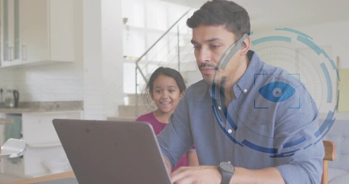 Dad pausing at laptop when daughter approaching, turning and sharing screen with blue tech overlay