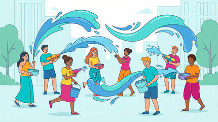 Fototapeta premium Playful group of friends people celebrating Songkran Water Festival in Thailand splashing water from buckets bowls in sunny urban street, enjoying lively summer water fight and community fun.