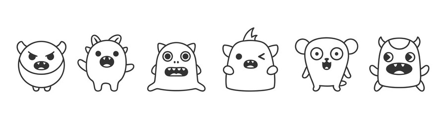Fototapeta premium Cute cartoon monsters with big eyes and unique features, black and white illustration