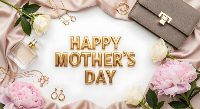 Happy mothers day greeting with flowers and gifts on pink satin fabric isolated on white background