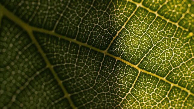 Close-up of a green leaf showing intricate vein patterns and textures, with varying light and shadow across the surface in a natural setting