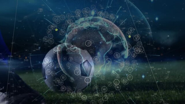 Soccer ball hologram globe pulsing night pitch, HUD activating nodes for analysis as cleat nearing