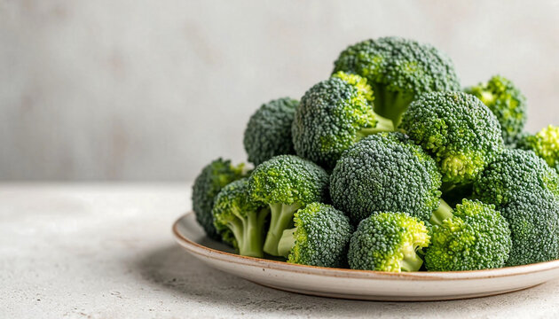  Fresh green broccoli florets in a ceramic bowl on a white textured background. Top view flat lay with copy space. Healthy organic raw vegetable food concept.