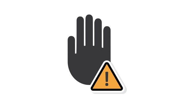 Video, vector, icon, hand with exclamation mark on white background.