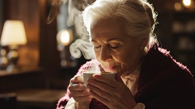 Elderly woman enjoying warm cup of coffee in cozy atmosphere, with steam rising gently, creating serene and inviting scene filled with warmth and contentment