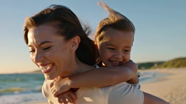 Happy mother giving little daughter a piggyback ride on beach at sunset, joyful family vacation moment outdoors.