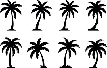 Fototapeta premium Icon set of various palm tree silhouettes in minimal flat vector style for tropical design decoration and summer-themed illustration projects