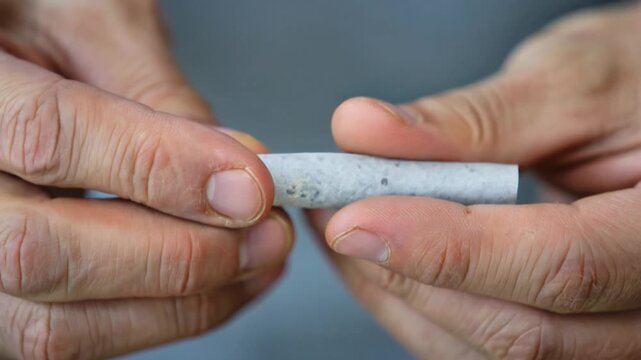 Close-up of hands rolling a marijuana joint with cannabis in rolling paper.