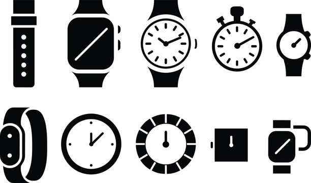 Black watch and clock icons collection, smartwatch, stopwatch, wristwatch, analog dial, wearable technology time measurement vector glyph symbol set