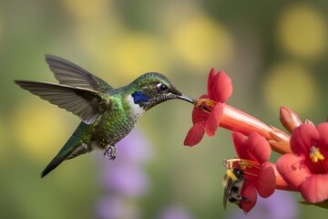 Fototapeta premium Hummingbird Pollinating Red Flower – Close-Up Wildlife Nature Photography