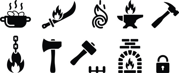 Obraz premium Blacksmith and forging icons set, anvil fire, hammer tools, hot metal forging, medieval workshop vector glyph symbols