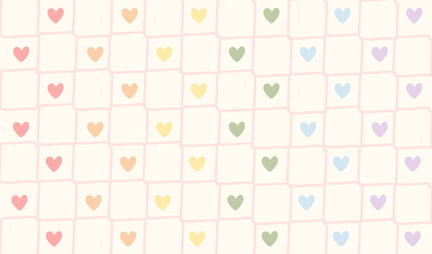 Pastel rainbow flag colored hearts gingham pattern. Retro hand-drawn pink checkerboard background with colorful heart icons. Cute aesthetic design for pride, nursery decor, stationery, textile. Vector