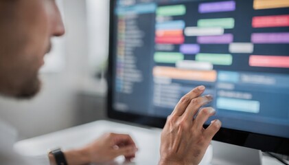 Fototapeta na wymiar Closeup of analyst linking diverse patient records on a computer screen with sharp detail on interactions and the background softly out of focus.