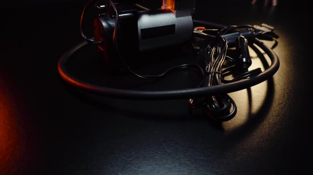 new 12 volt car compressor for inflating tires, works via cigarette lighter or battery clamps