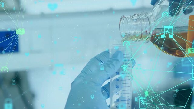 Lab tech tilting bottle pouring amber liquid to cylinder, measuring marks, teal overlay on marks
