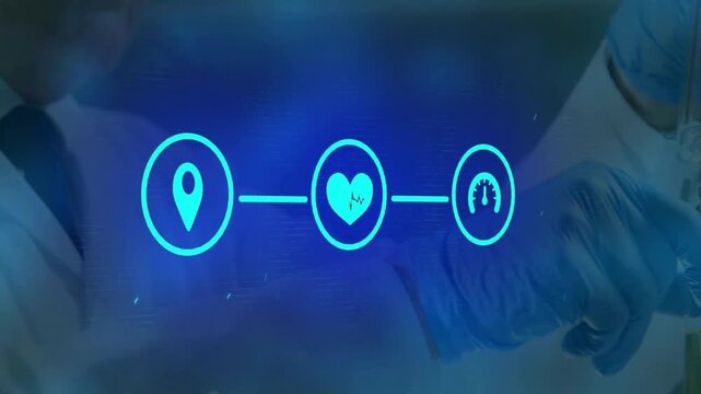 Senior lab researcher using pipette with vials as overlaid icons pulsing initiating sample tracking