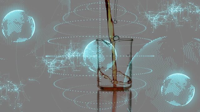 Amber droplet forming then falling, glass filling and swirling, holographic globes visualizing flow