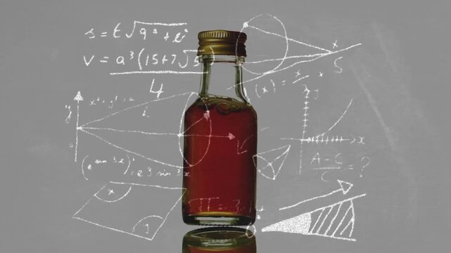 Small clear glass bottle tilting rightward while chalk formulas fading in to represent formulation