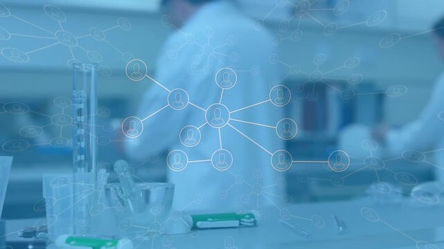 Lab technicians handling samples at bench, network appearing and expanding, mapping data nodes