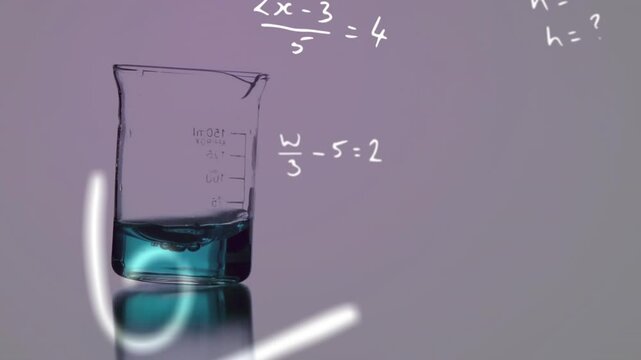 Beaker sitting, camera focus shifting sparking animated math notes layering illustrating lab marks