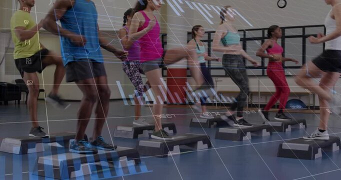 Instructor leading step and starting class mirroring patterns, data overlay showing fitness metrics