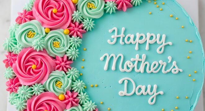 Decorative mothers day cake with pink and green frosting on blue background