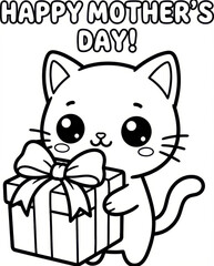 Cute cat kawaii cat cartoon cat mothers day gift box coloring page line art outline drawing cute animal bow ribbon cute cat kawaii cat cartoon cat
