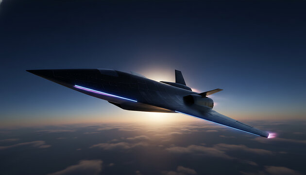 Futuristic Hypersonic Aircraft Flying Above Clouds at Sunset