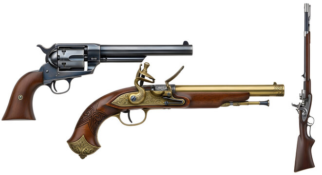 Collection of antique firearms: revolver, flintlock pistol, and rifle on white background